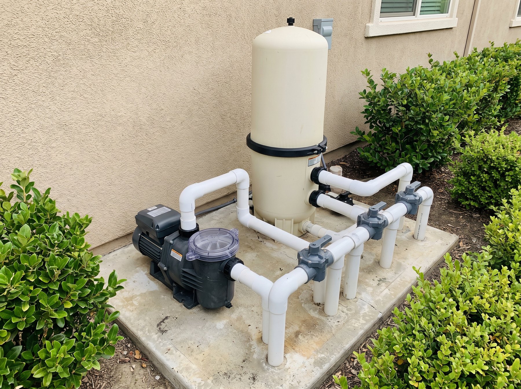 An immaculate pool equipment pad with pump, filter, and salt system in tidy PVC
