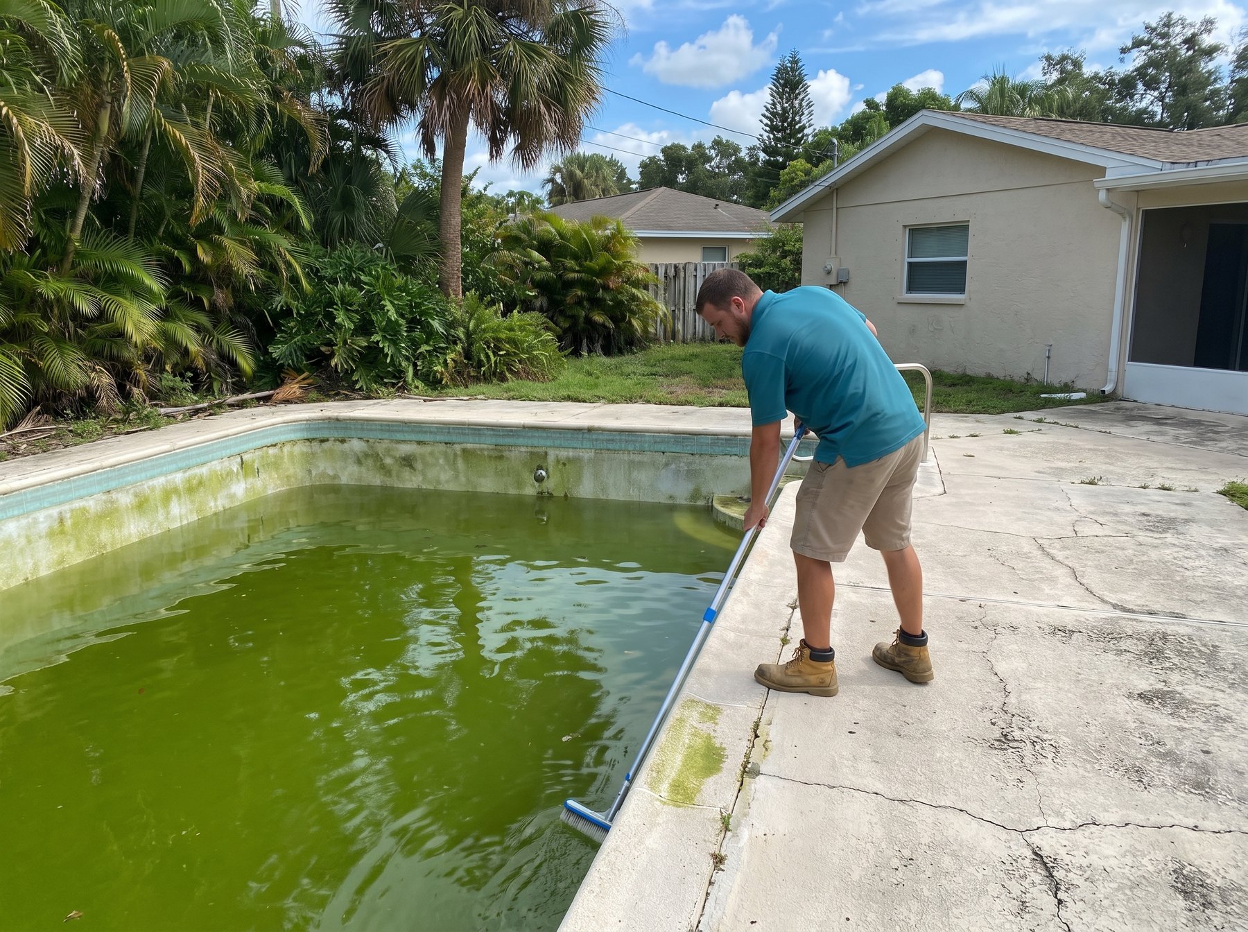 A Pelican tech brushing the walls of a green algae pool during a recovery clean