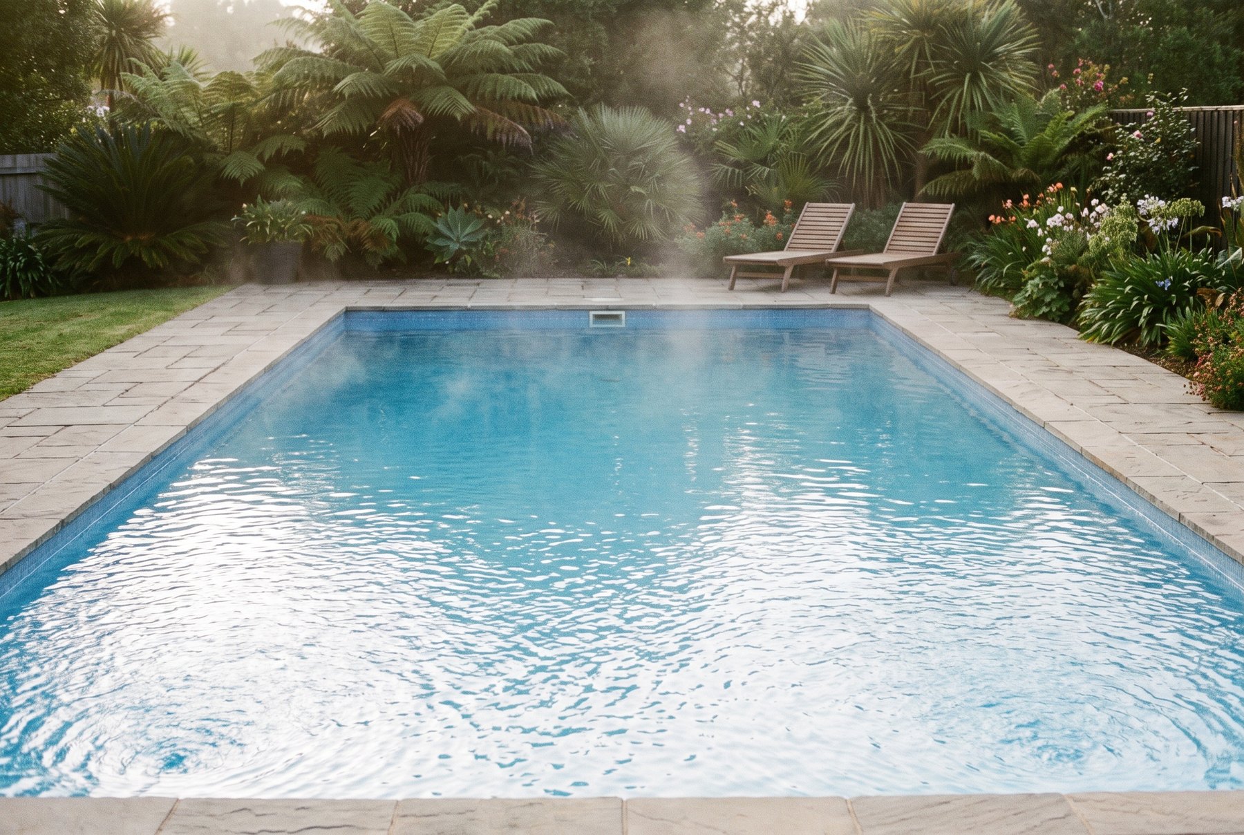 A calm heated pool steaming gently on a mild Sarasota morning