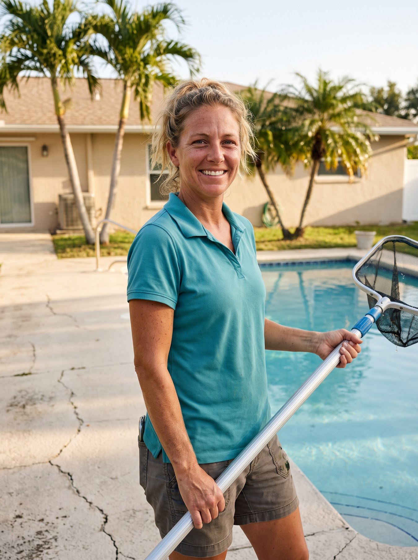 Nora Delgado, the fictional owner of Pelican Pool Care, holding a test kit beside a pool