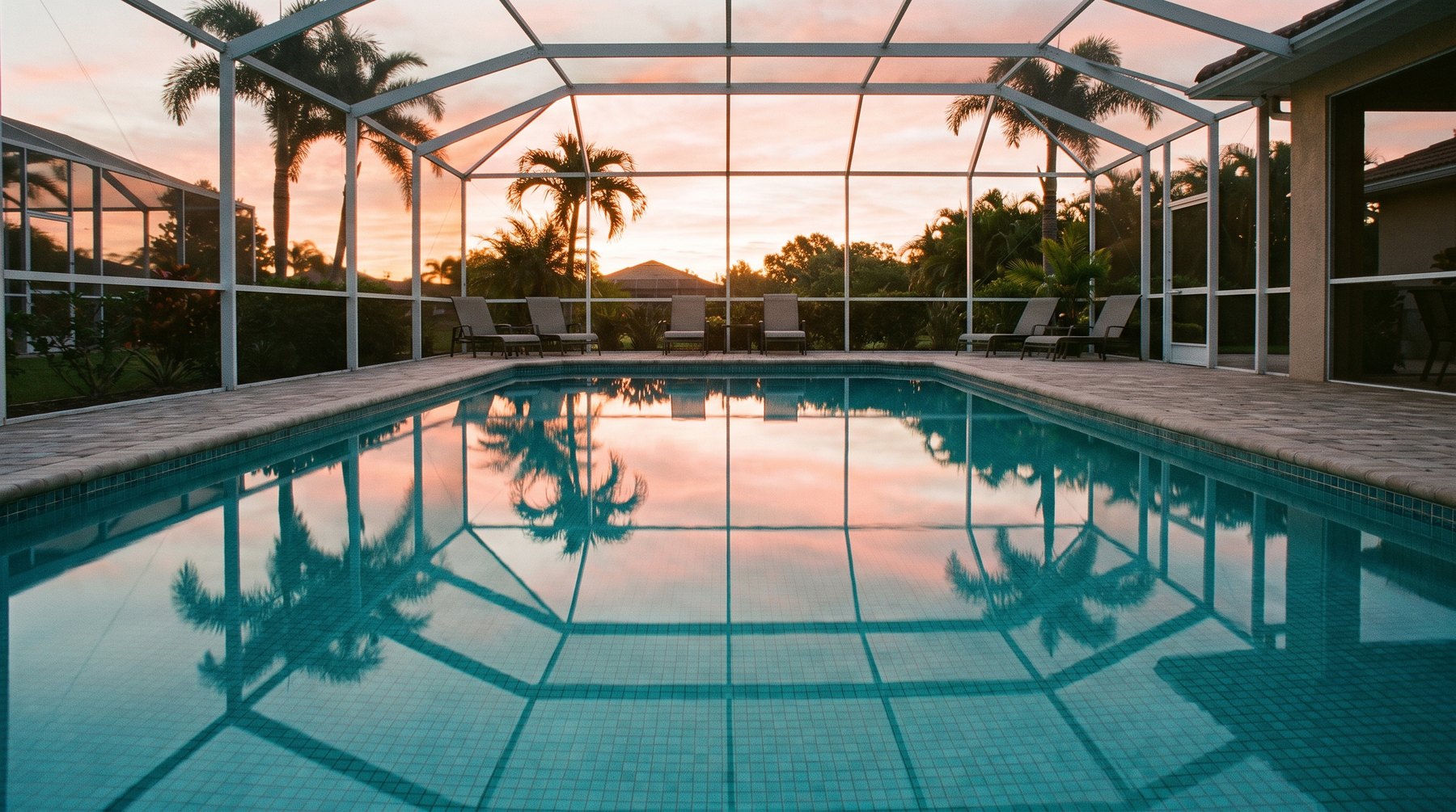 A pristine screened pool at sunrise, freshly serviced